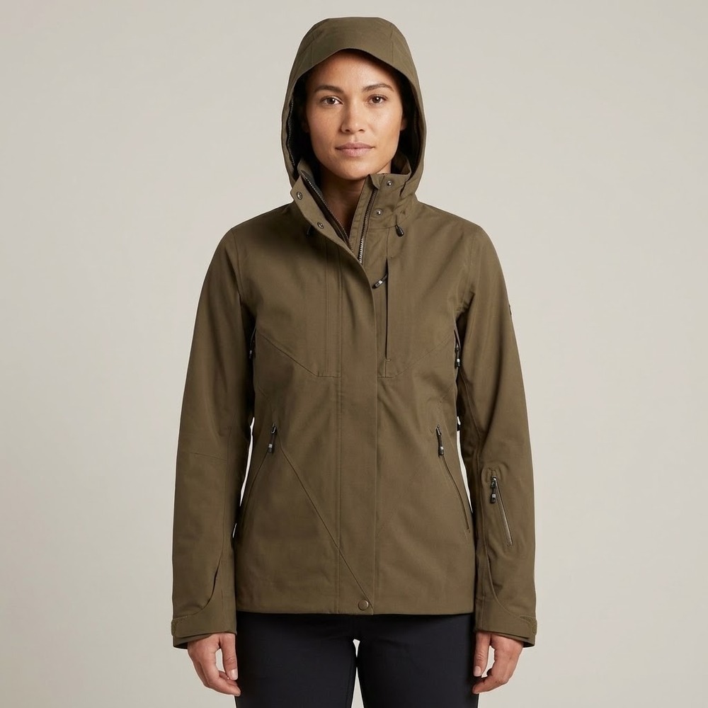 Nau Hooded Waterproof Shell Ski Jacket Womens M Olive Green EUC
